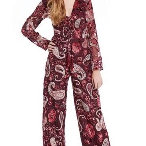 Chelsea & Violet burnout Paisley Print Burgundy Jumpsuit